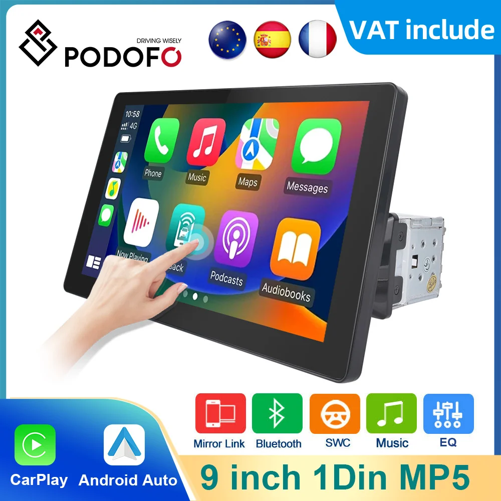Podofo Car Stereo Radio 1Din 9 ''Universal Car Mp5 Player Carplay Bluetooth Fm Radio Ricevitore Supporto Tf/Usb Per Toyota Nissan