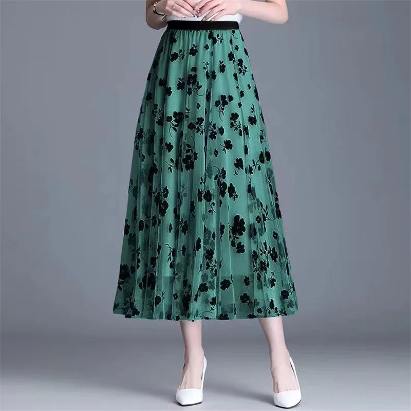 High Elastic Waist Sweet Mesh Print Pleated Skirt Casual Elegant All-Match Women's Skirt Summer Trend Office Lady's A-Line Skirt