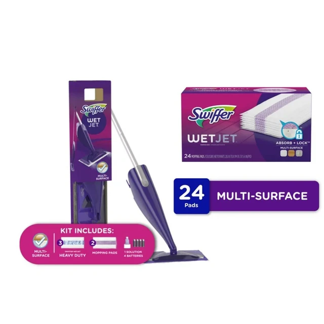 Kit de démarrage Swiffer Wetjet, 1 vadrouille/5 tampons/1 solution de  nettoyage