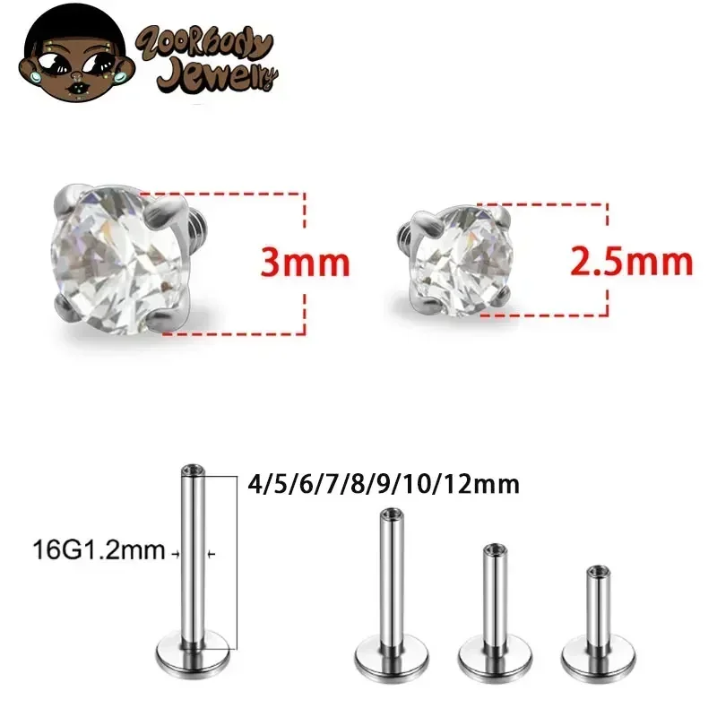 Body jewelry 1Pcs G23 Titanium Piercing CZ Gem Internally Threaded Labret Monroe Lip Ring Tragus Nail Helix Earring Stud 16G 18G Body Jewelry