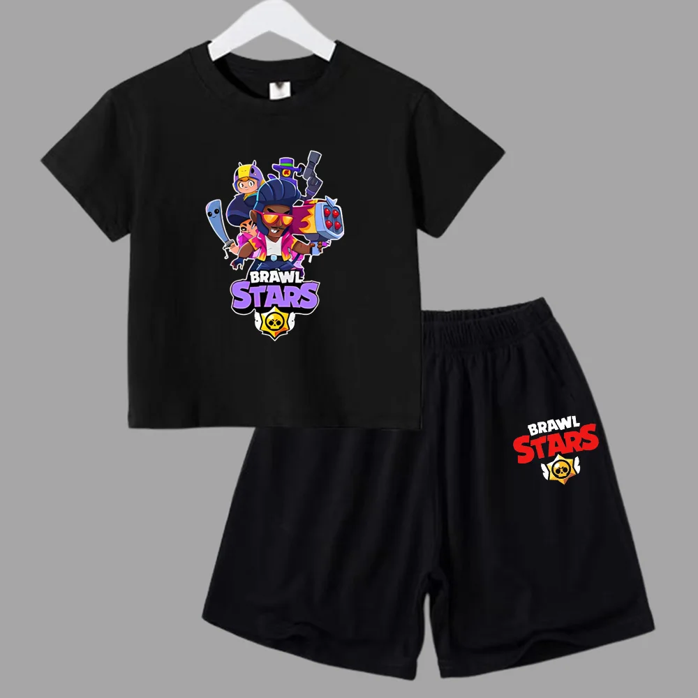 thumbnail image 1 of Conjunto de 2 piezas de camiseta de manga corta y pantalones cortos con estampado de anime de verano para niños y niñas, ropa informal de cuello redondo, 1 of 5