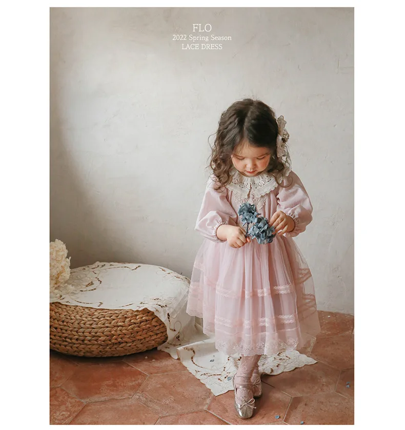 New Spring Baby Long Puff Sleeves Dress 2-11Y Child Girls Lace Turn-down Collar Princess Dresses Children Mesh Dress CL540 baby dresses
