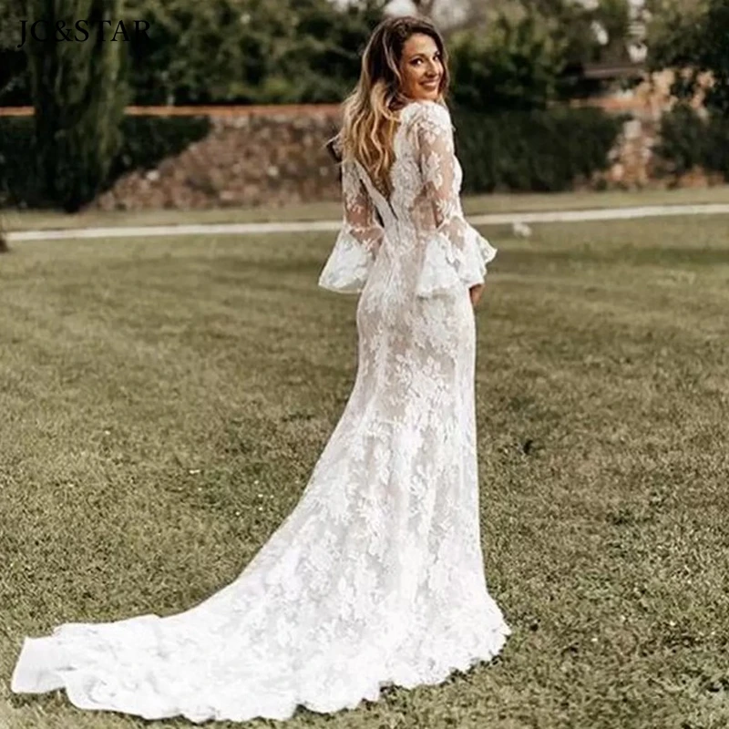 

mermaid wedding dresses bridal gowns lace appliqués Flare Sleeve sexy v neck high slit garden vestido novia bohemio Sweep Train