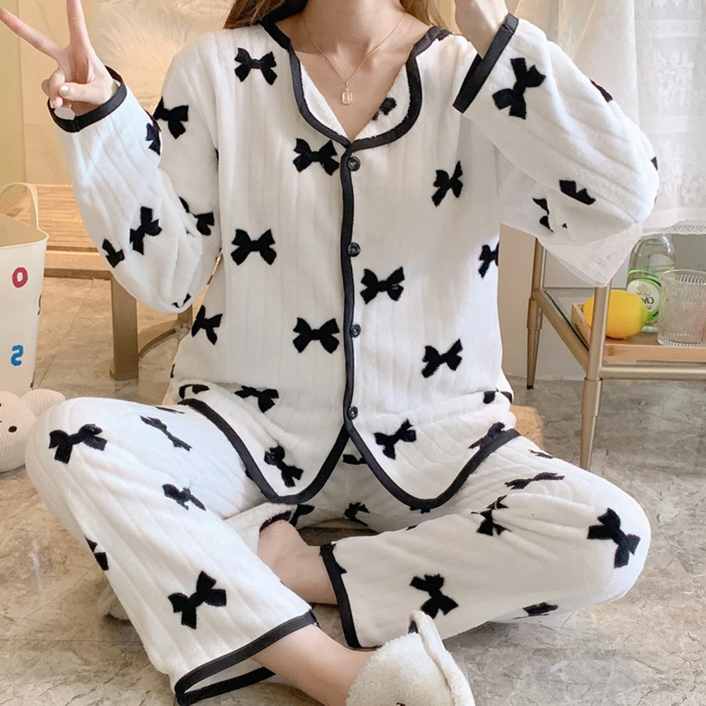 Winter cardigan thickened warm flannel pajamas for women cute and sweet long sleeved small lapel set coral velvet home wear
