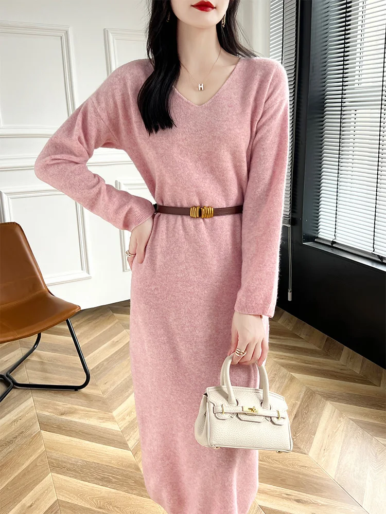 Girls Dress Women Sweater Dress V-Neck Pullover Long Dress Merino Wool Cashmere Knitwear