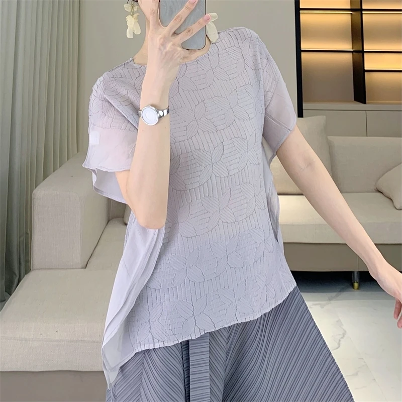 LANMREM Pleated Trendy Lightweight Women's T-Shirt Loose Simple High-End Embossed Design Black Short Sleeve Pullover Top 2DB4492 - Image 3