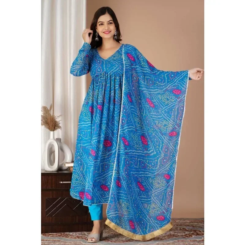 Blue Printed Salwar Kameez Women V-neck Long Sleeved Traditional Ethnic Clothing Kurti Palazzo Dupatta 3 Pcs Set