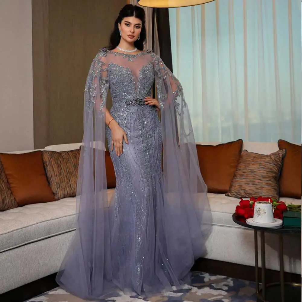 

Luxury Mermaid Prom Gown Scoop Neck With Shawl Crystal Beaded Tulle Belt Full Length Women's Sexy Party Evening Dress