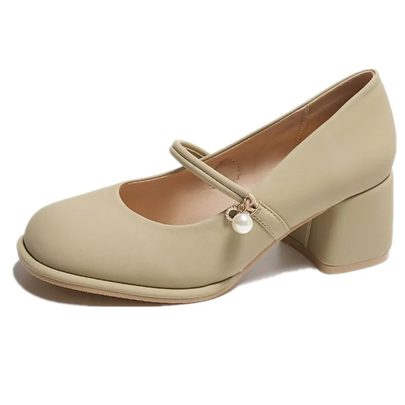 2024 NEW Oxford Shoes for Women Sweet Lolita Shoes Woman Slip on Square High Heels Solid Round Toe Pearl Pumps Size 34-40