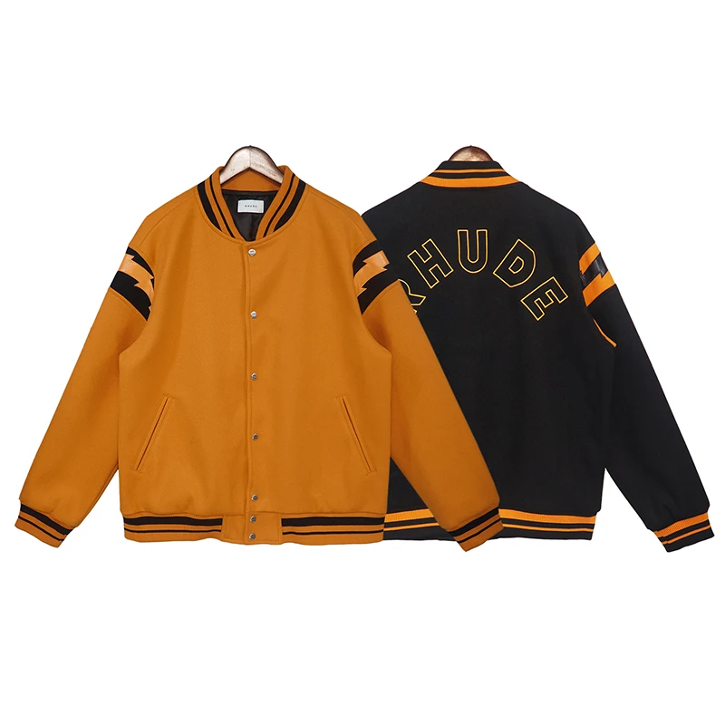 

Rhude Fashion Brand American Lightning Skin Design Men and Women Autumn and Winter Loose Hip Hop Jacket Lovers Woolen Coat Top