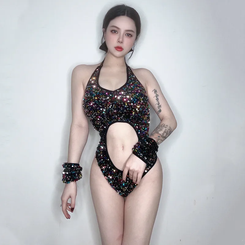 

Sexy Shiny Sequin Elastic Bodysuit Hollow Out Stage Wear Nightclub Bar DJ Singer Dancer Jazz Pole Dance Team Performance Costume