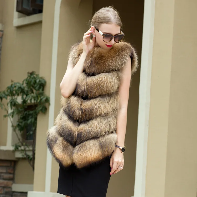 Full Skin Raccoon Fur Medium Length Fur Women's Warm Coat Diamond Fox Fur Vest Coat
