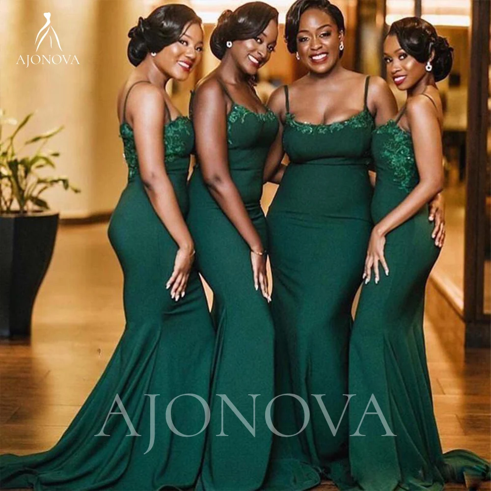 

Emerald Green Satin Long Party Dresses Woman for Weddings Spaghetti Straps Wedding Bridesmaids Dress Appliques Elegant Gowns
