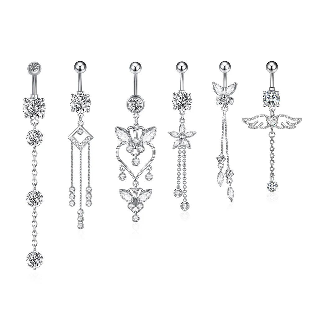 Angel Belly Button Rings Trendy Stainless Steel Zircon Butterfly Navel Piercing Surgical for Women Body Belly Jewelry Pendant