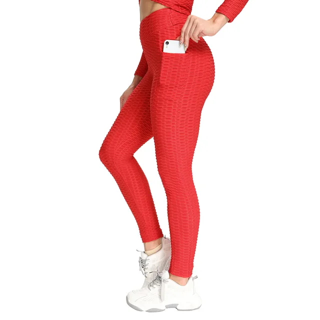 300G TikTok High Waisted  Stretchy Scrunch Butt Lifting Push Up Pocket Phone Women Fitness  Gym Pants Anti cellulite Legging Red