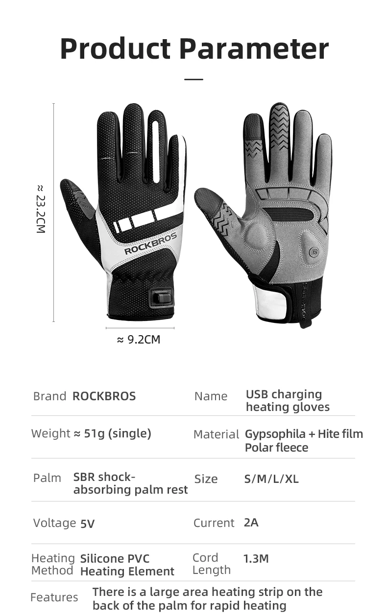 ROCKBROS Winter Warme Fahrrad Damen Herren Handschuhe SBR Touchscreen USB Beheizte Handschuhe Winddicht Plam Atmungsaktive Motor E-bike Handschuhe – Detail 3