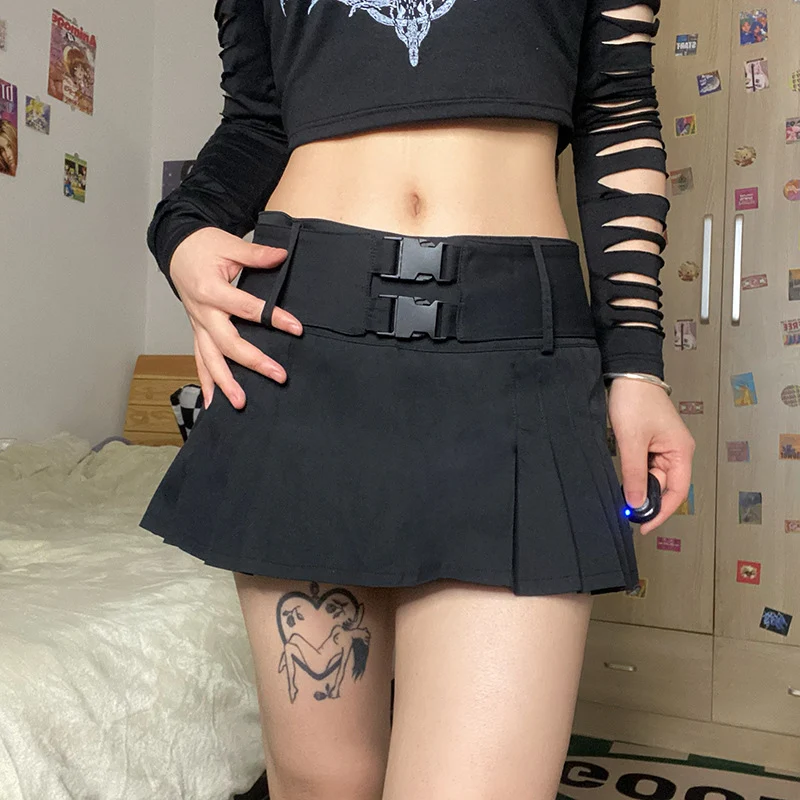 crop top with skirt Fashion Sweet Buckle Latch Low Rise Casual Vintage Mini Skirt A-line Skirts for Women 2022 Young Girl Pleated Skirt Harajuku satin skirt