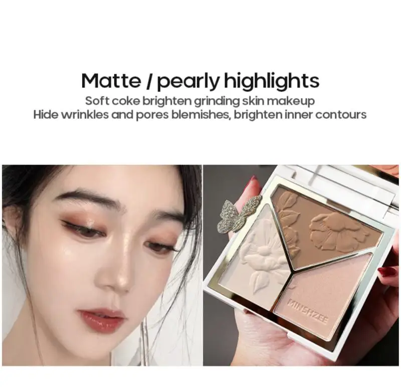 

3-In-1 Matte Highlight Contour Palette Face Shading Highlighter Powder Blush Glitter Contour Powder Long Lasting Make Up