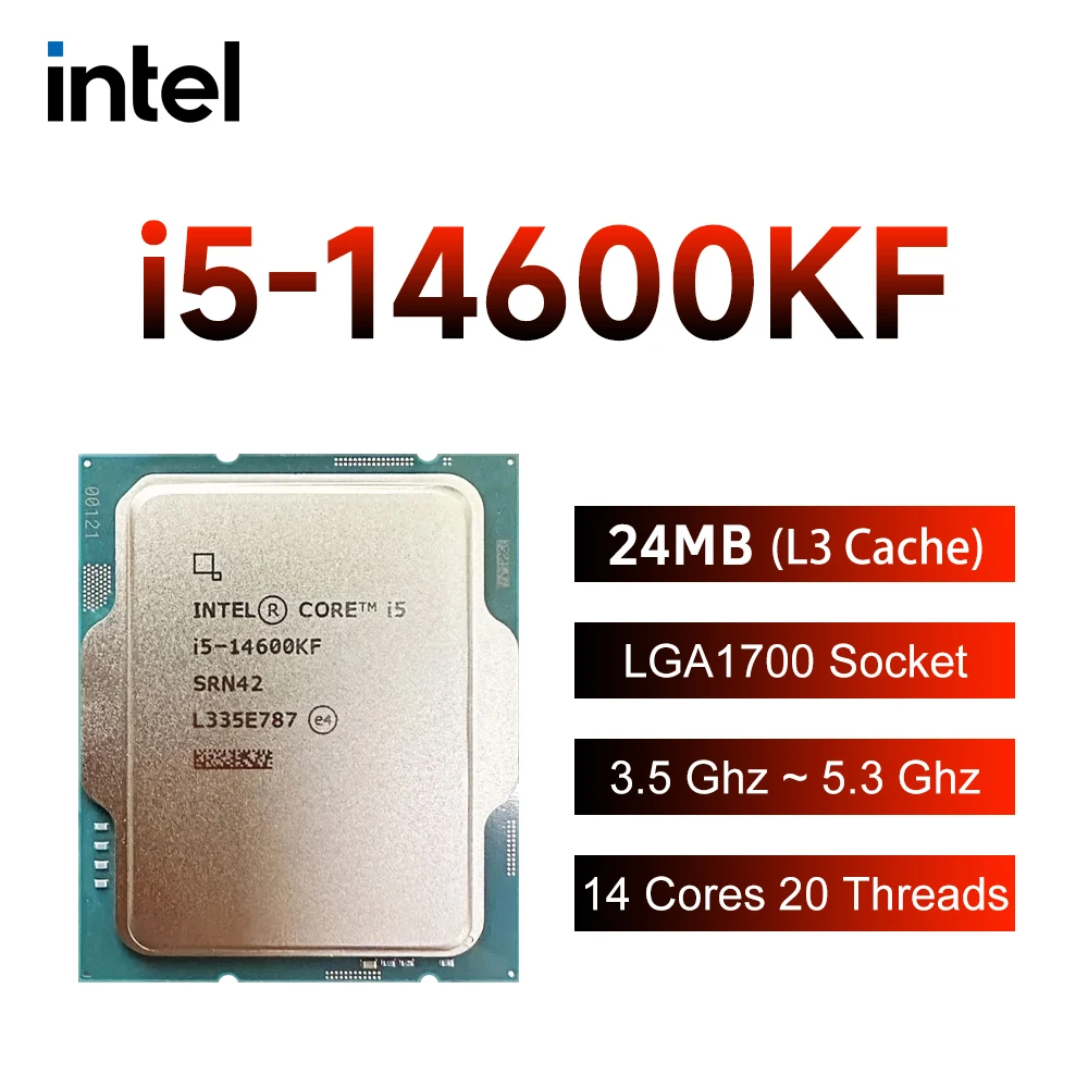 Intel Core i5 14600KF CPU de 20 hilos de 14 núcleos (6 P-core 8-E-core) 3,5 GHz 125 W L3 = 24 M LGA 1700 sin enfriador