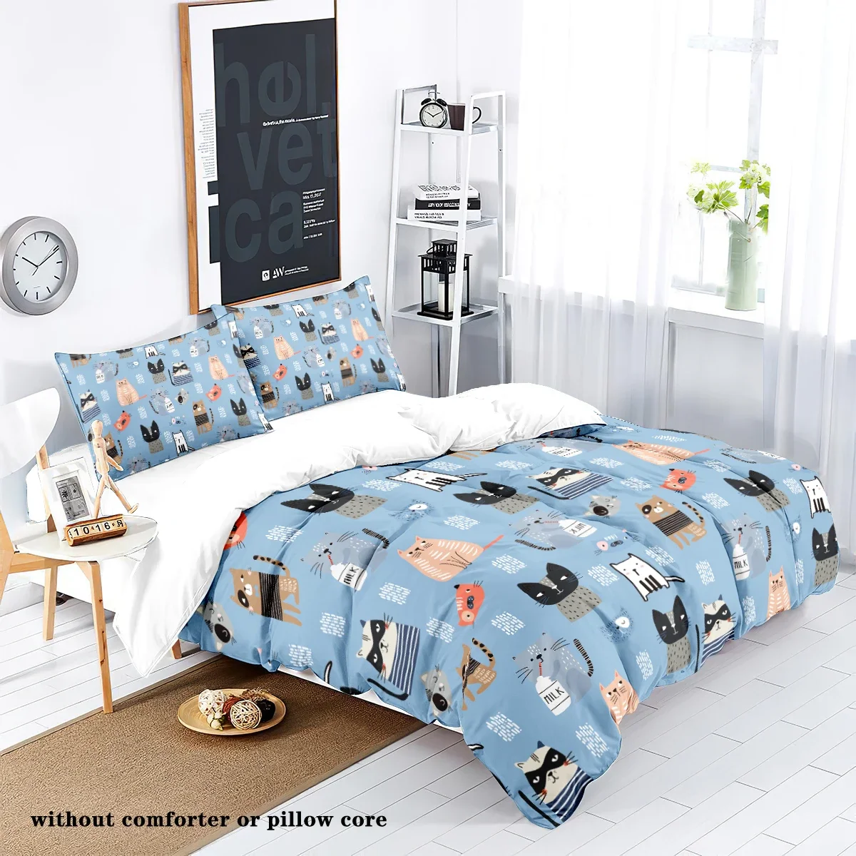 3-piece down duvet cover with cartoon cat pattern print (1 down duvet cover+2 pillowcases, no core) Soft bedding set