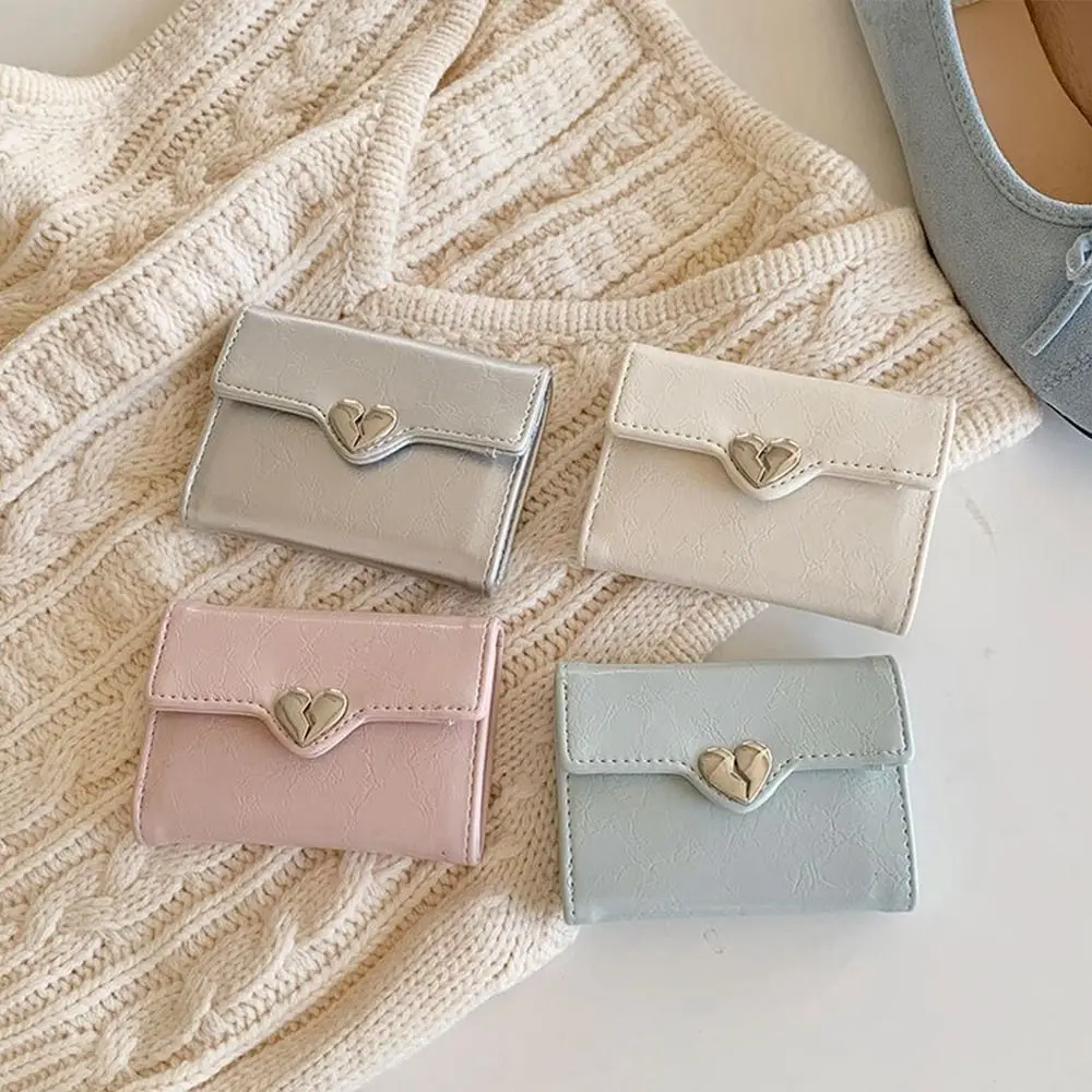 Portafoglio portatile coreano a forma di cuore con crepa Portafoglio in pelle da donna di alta qualità in pelle PU Piega borsa da studente corta da donna - immagine 5