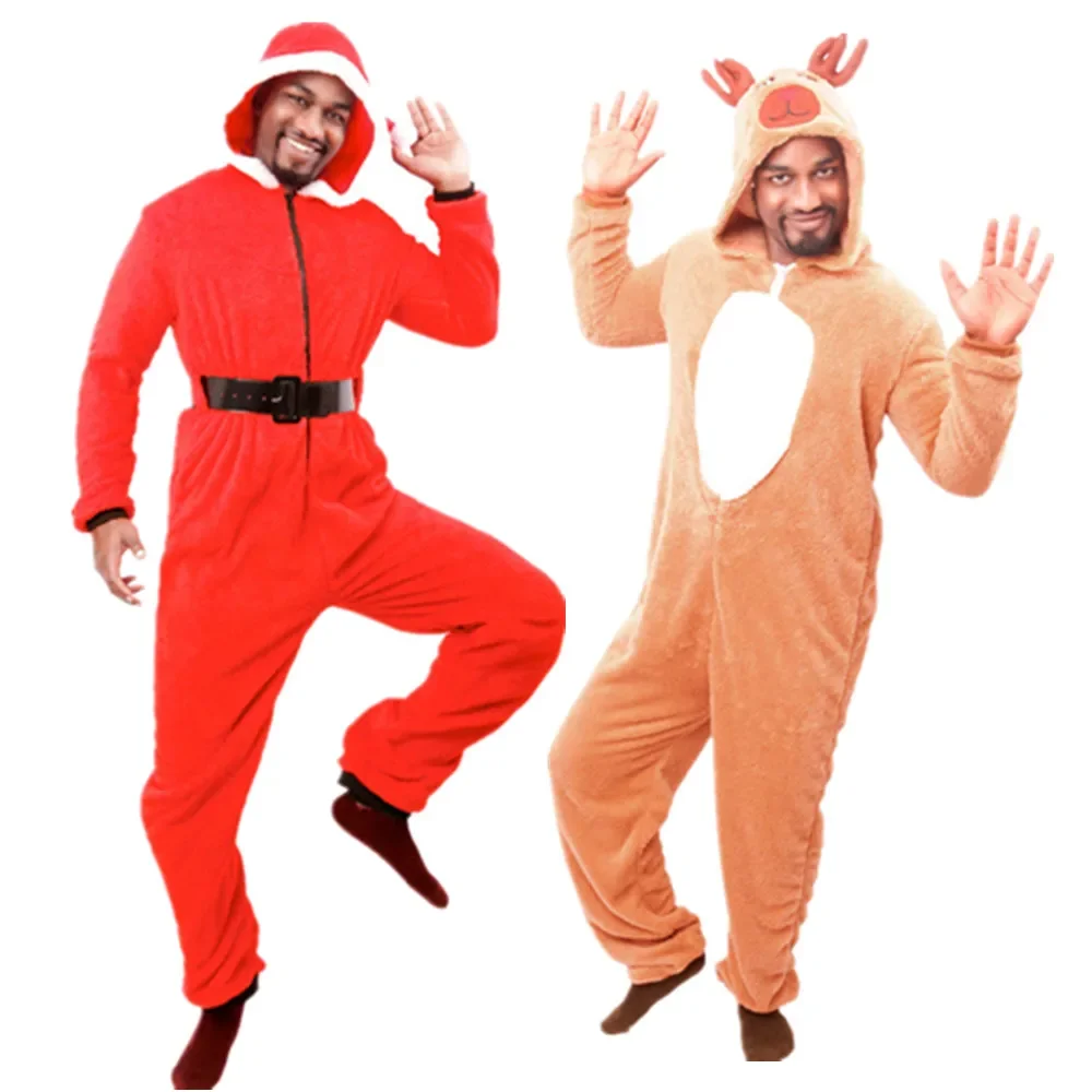 

Elk Christmas Cosplay Costume Adult Pajamas Family Jumpsuit Zip Long Sleeve Casual Loose Hooded Romper Overalls For Woman Man