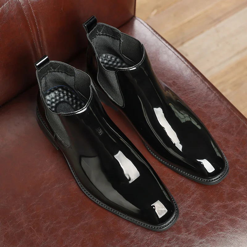 Chelsea Boots for Men Patent Leather Black Buckle Ankle Round Toe Business Classic Handmade Men Short Boots Botas De Hombre