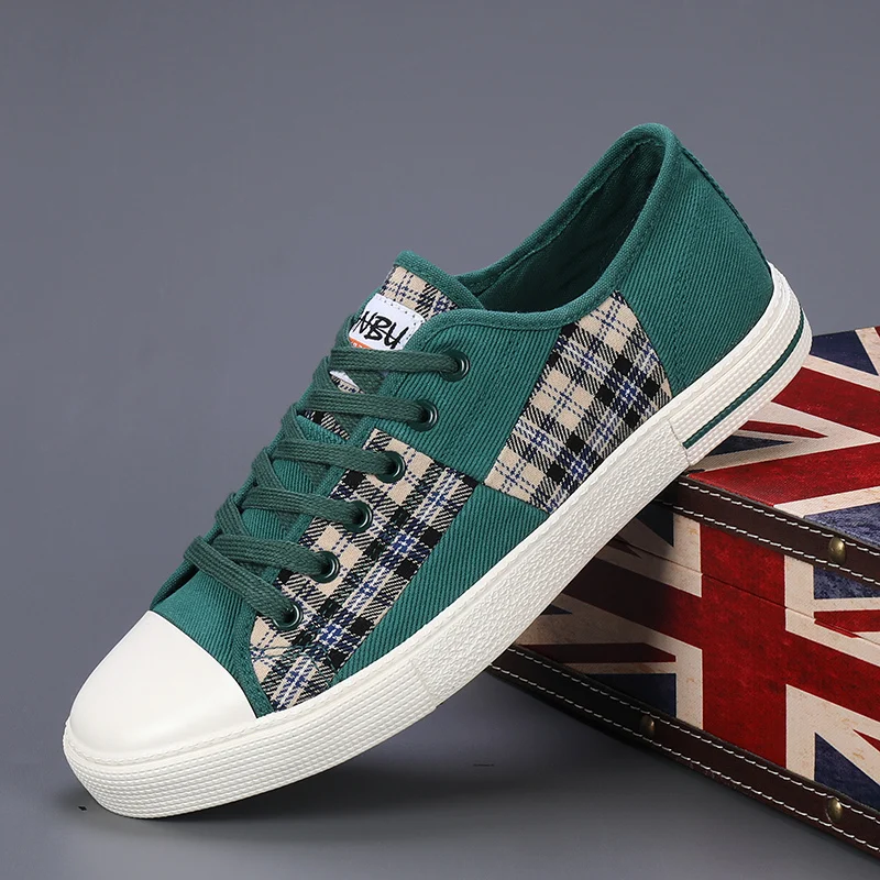 

Fashion Green Plaid Casual Shoes Men 2023 Comfortable Breathable Canvas Sneakers Men Vulcanized Espadrille Shoes Chaussure Homme