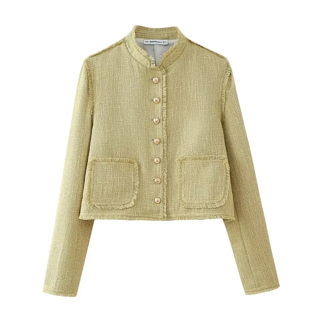 

Women's new Fashion pocket decoration short slim fit texture jacket coat retro long sleeved Button up women's coat chic top