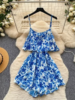SINGREINY Summer Bohemian Print Rompers Sleeveless High Waist A-line Slim Fashion Basics Ladies Casual Seaside Holiday Bodysuits 1