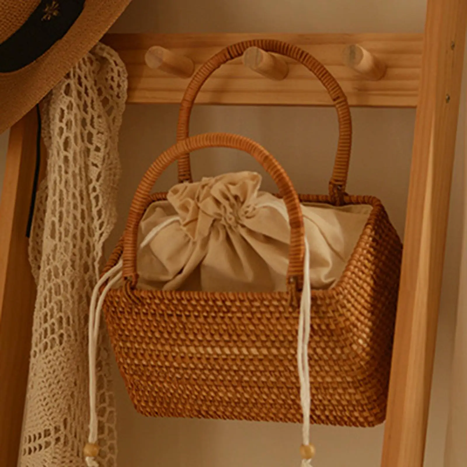 Boho Style Hand Woven Rattan Handbag Picnic  Travel Clutch Bag Hand Basket Rectangle Rattan Portable Bag