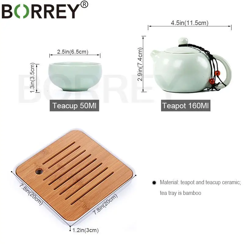 BORREY Portable Travel Tea Set Ceramic Teapot Cup With Bamboo Tea Tray Towel Clip Chinese Kung Fu Set Puer Oolong Teapot