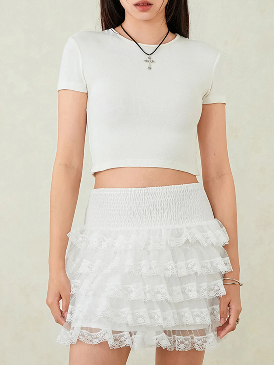 

Женская мини-юбка, элегантная многослойная юбка со средней талией и кружевной отделкой, Повседневная Уличная одежда на лето