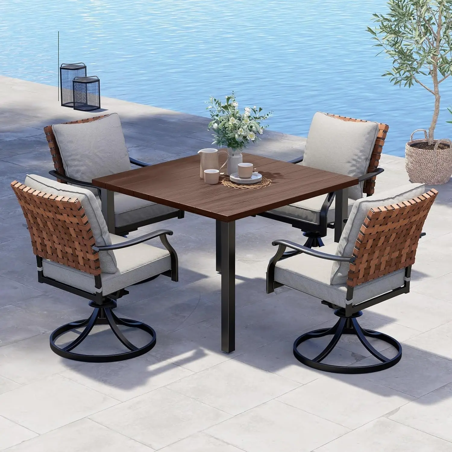5-Piece Outdoor Dining Set, 4 Leather-Look Wicker Swivel Patio Chairs & Square Woodgrain Dining Table，Outdoor Furniture Sets