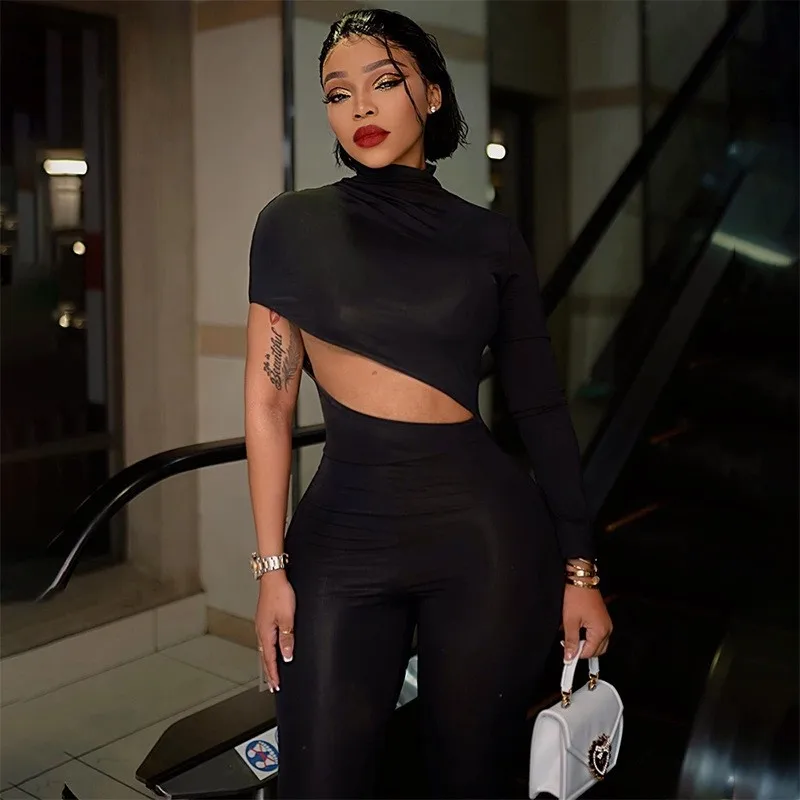 Women Sexy Cut Out Irregular Jumpsuits Black Hipster Long Sleeve One Piece Rompers 2023 Fashion Overalls Streetwear Slim Outfits