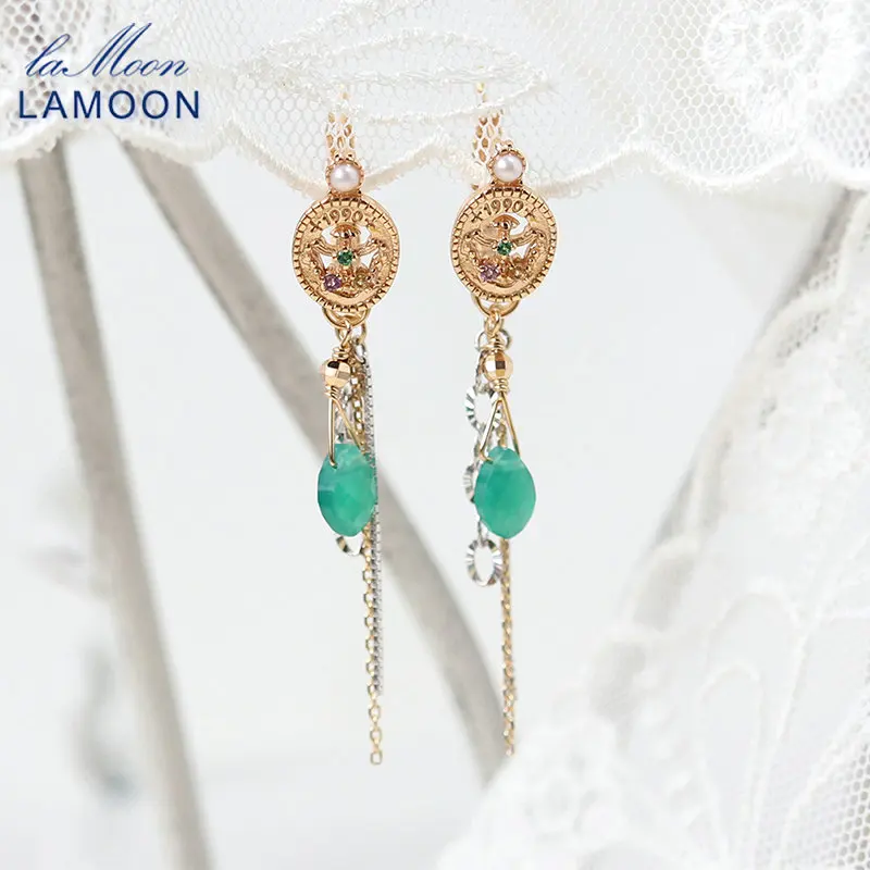 

LAMOON Vintage Bijou Coins Natural Gemstone Tassel Earrings For Women Chalcedony 925 Sterling Silver Gold Plated Fine Jewelry