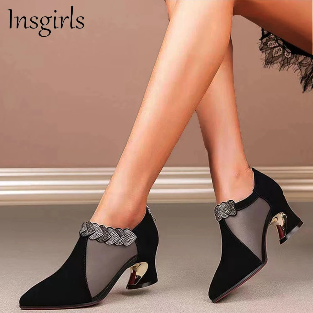 Zapatos de tacón bajo con diamantes para mujer, sandalias vestir transpirables de talla grande 34 43, puntiagudas, Primavera, 2023| de mujer| - AliExpress