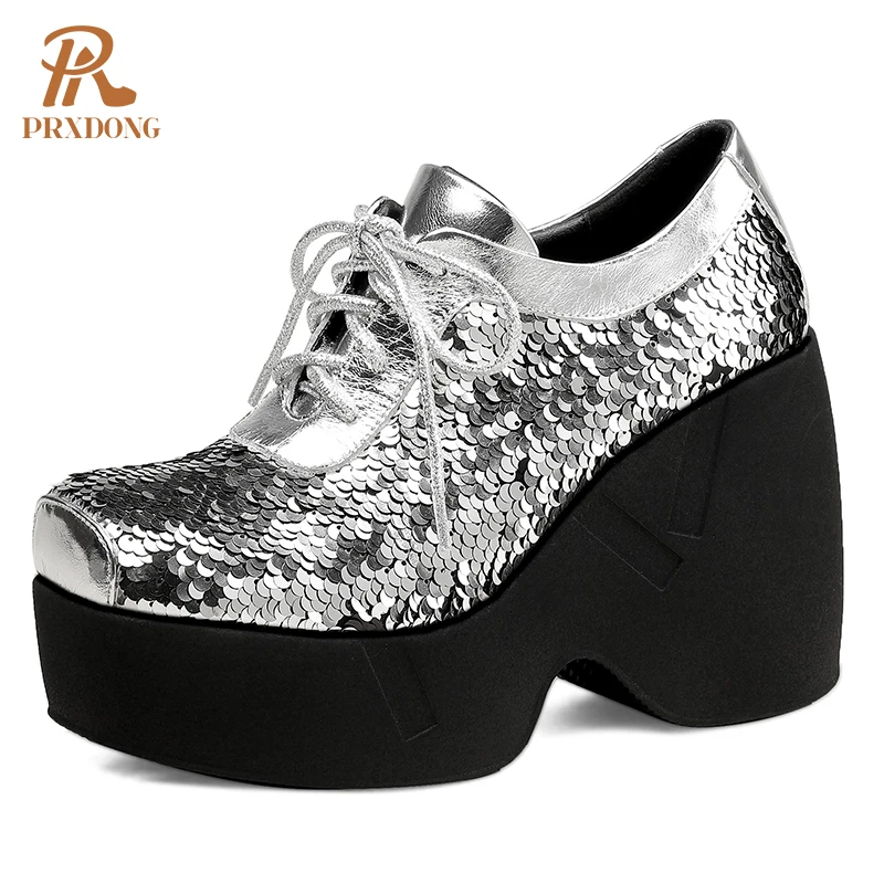 

PRXDONG Top Qulaity Women Shoes 2024 New Spring Fashion Chunky High Heels Platform Bling Gold Silver Dress Party Wedding Pumps