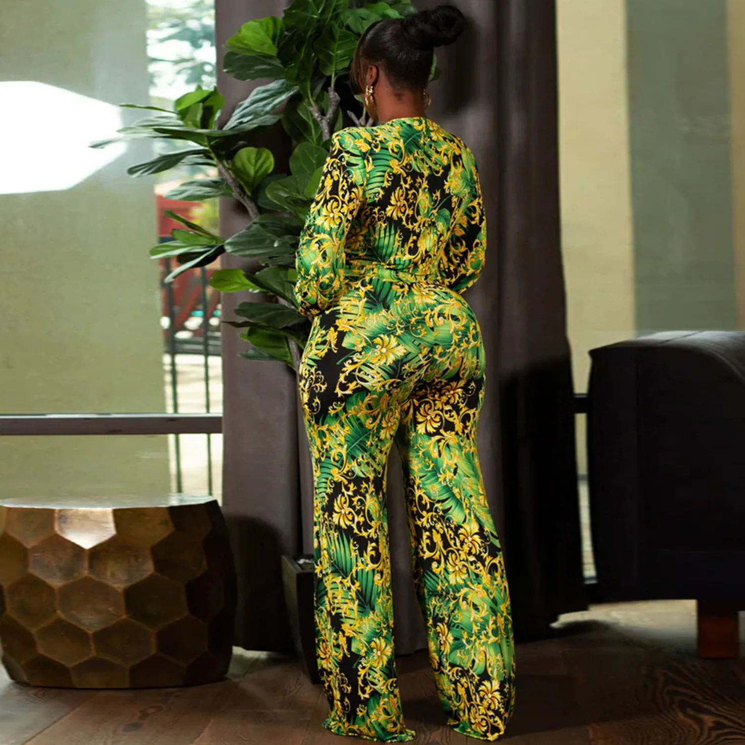 Plus Size Women 5xl Jumpsuit Floral Print One Piece Outfit Female Fashion Wide Leg Pant Lady Designer V Neck Wholesale Clothes
