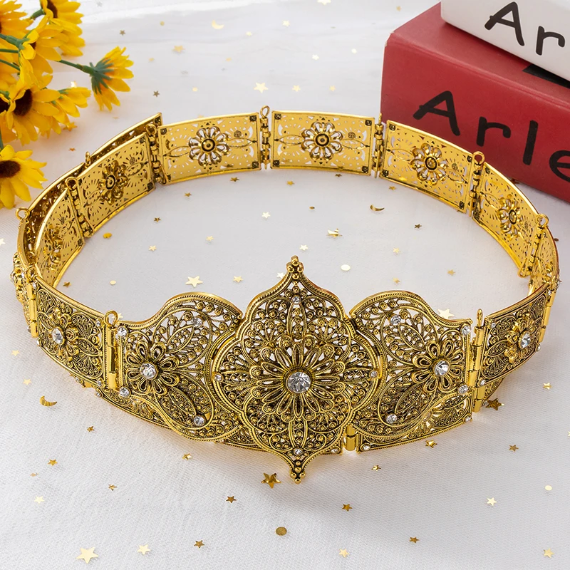 Fatima Luxury Morocco Crystal Wedding Dress Gold And Silver Color Metal Belt Jewelry For Women waist Chain