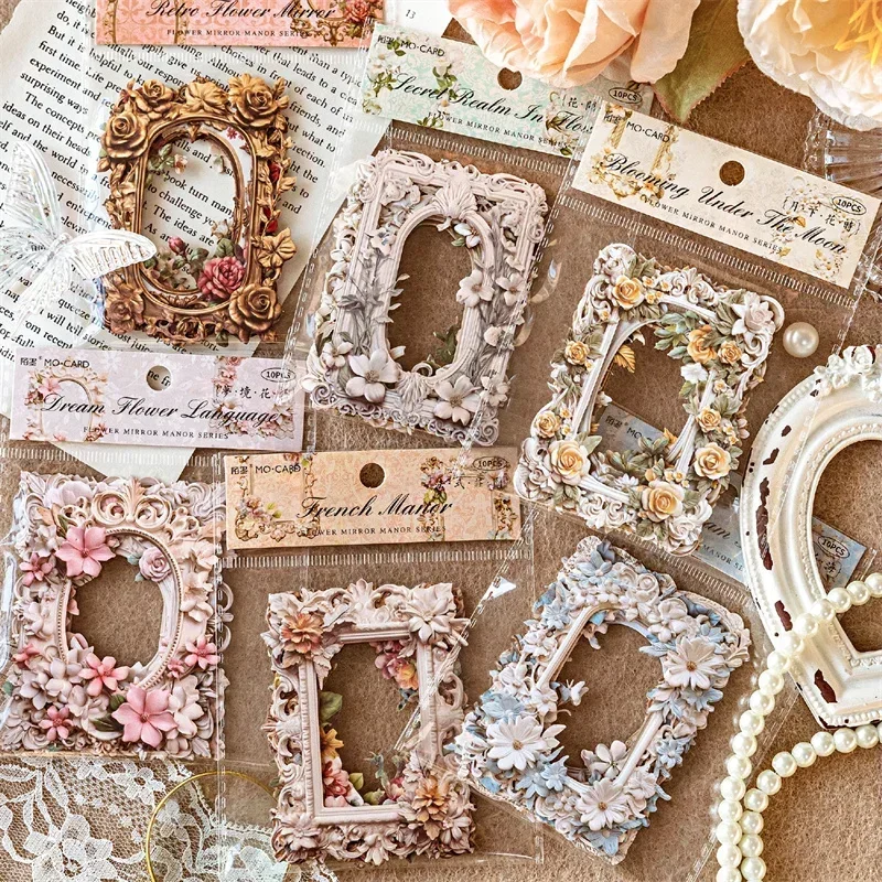 

40Pcs Collage Flower Mirror Manor Floral Retro Card Arts Decoration Hollow Background Handwritten Scrapbook Cut 135*103MM