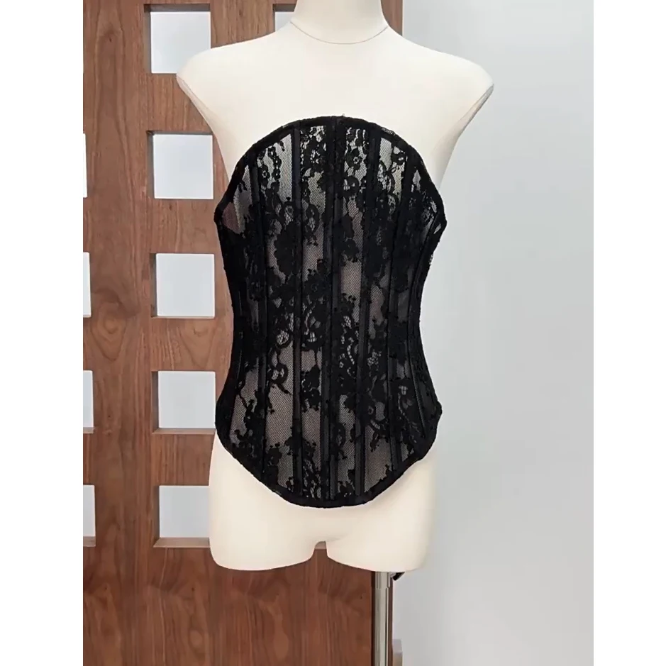 Women Bustier Overbust Transparent Black Lace Corset Sexy Strapless Boned Crop Tops Slimm Fit Gothic Tube Tops Party