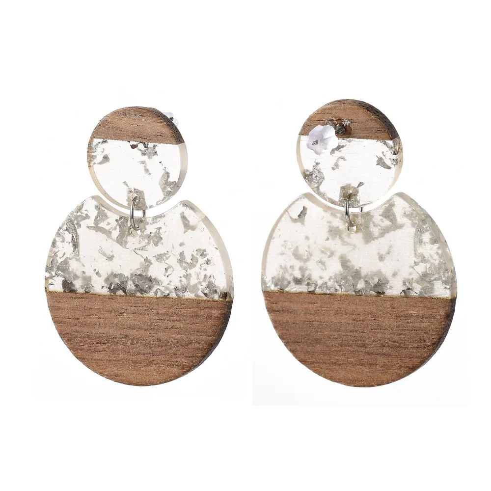 5Pairs Resin Walnut Wood Dangle Stud Earrings with Gold Foil Steel Pin Round Earring Stud Base Connectors for Jewelry Making DIY