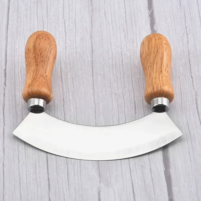 Pizza Cutter Stainless Steel Wooden Handle Swing Cutter Double Handle Pizza Cutter Wheel Knife Sawtooth Shovel Kitchen Baking Scraper Tool