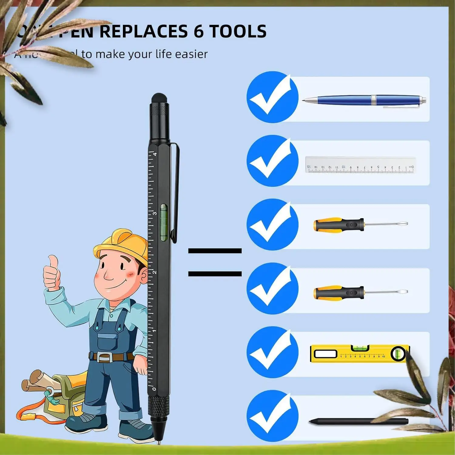 새로운 멀티툴 펜 멋진 가제트, 스타일러스가 포함된 참신한 펜, 레벨, 눈금자, 드라이버, 아빠 남편을 위한 생일 선물 Black Durab