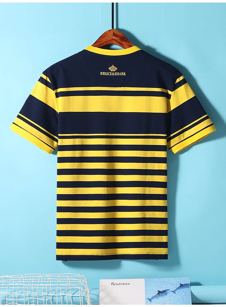 New Straight Men's Short T-shirt Round Neck Bruce&Shark Fashion Men's Stripe Tee Stretch Cotton Summer Breathable Tops Big Size 30 S31028eb4e48f4f83a6c6b15f1fba7f013