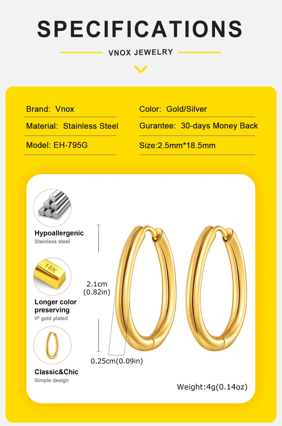 Vnox Geometrische Ohrschnalle, modische Edelstahl-Creolen, Knorpel-Ohrpiercing, Party-Schmuck, Geschenke für Frauen und Mädchen – Detail 6