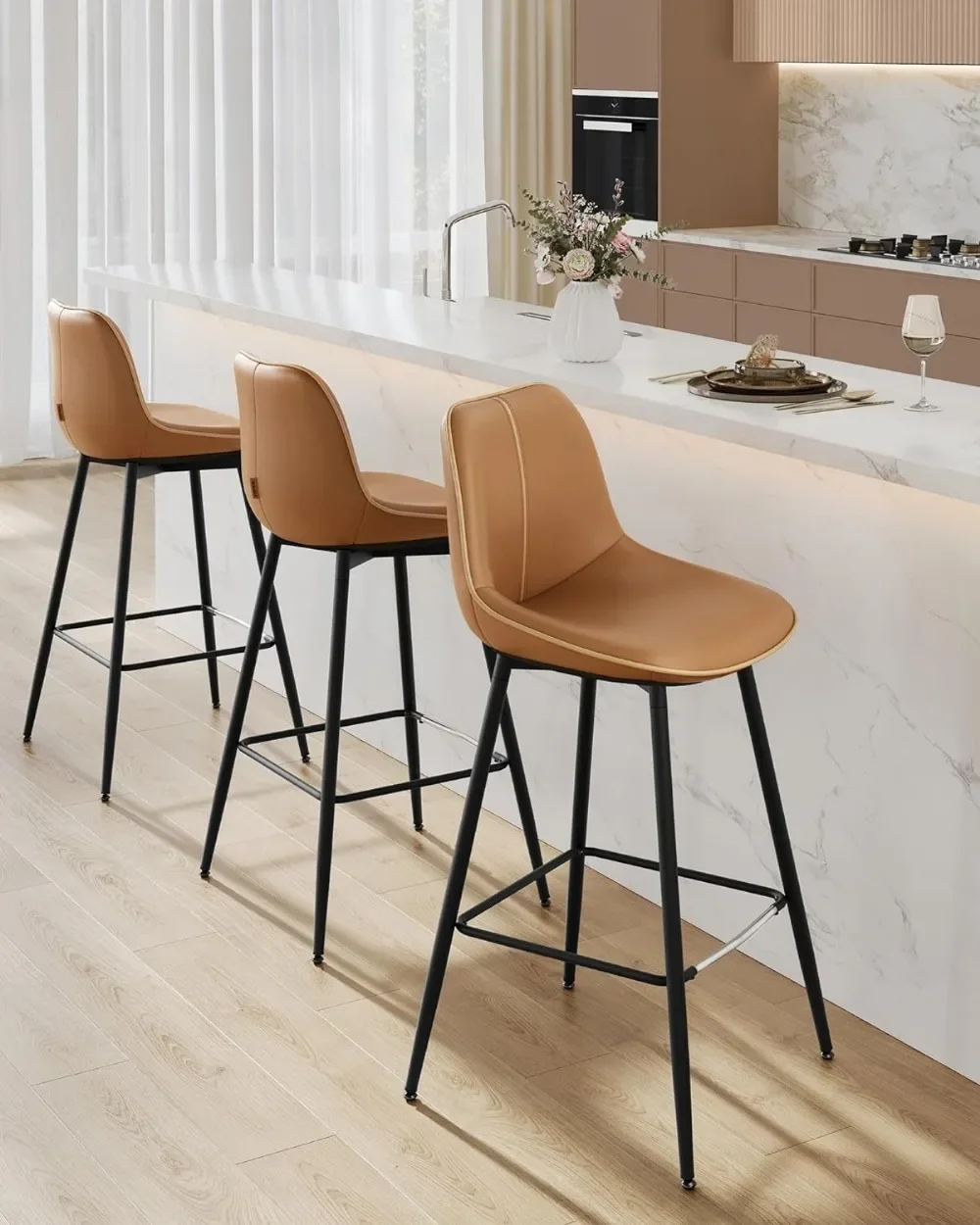 Bar Stools Set of 2, Bar Height Bar Stools with Back, Ergonomic Backrest, Synthetic Leather, Metal Legs, 28.7-Inch Tall Stools