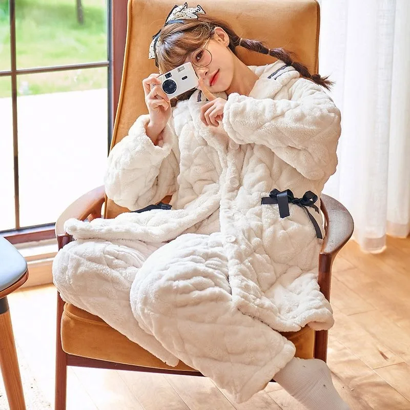 2024 New Pajama Women Winter Coral Velvet Sleepwear Plus Thick Velvet Three-layer Padded Loungewear Warm Suit Cute Homewear