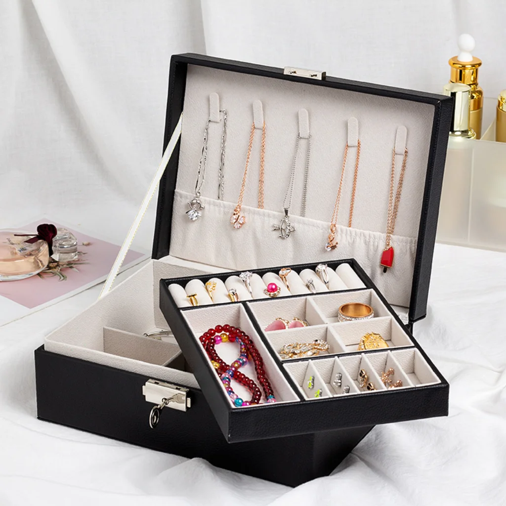1PCS PU Leather Jewelry Box Double-layer Wooden Jewelry Box Princess Jewelry Storage Box Cosmetic Box